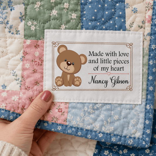 Personalized Teddy Bear Quilt Label | Made with Love and Little Pieces of My Heart Custom Quilt Label - Jammin Threads