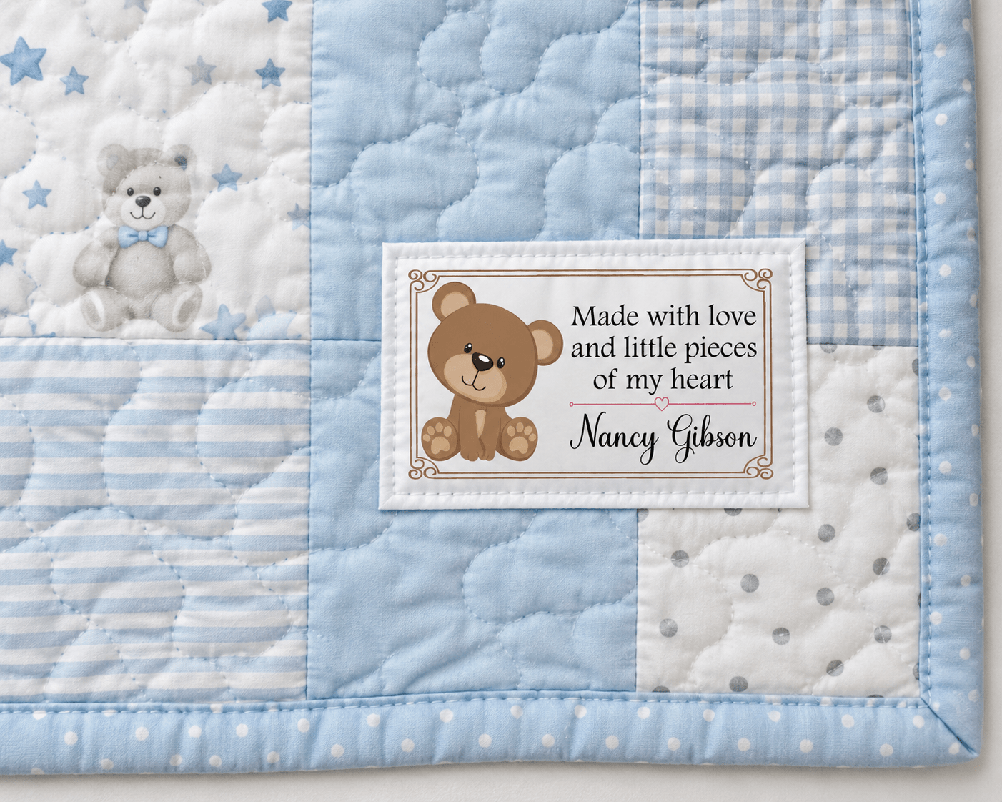Personalized Teddy Bear Quilt Label | Made with Love and Little Pieces of My Heart Custom Quilt Label - Jammin Threads