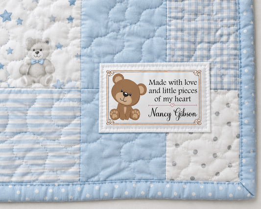 Personalized Teddy Bear Quilt Label | Made with Love and Little Pieces of My Heart Custom Quilt Label - Jammin Threads
