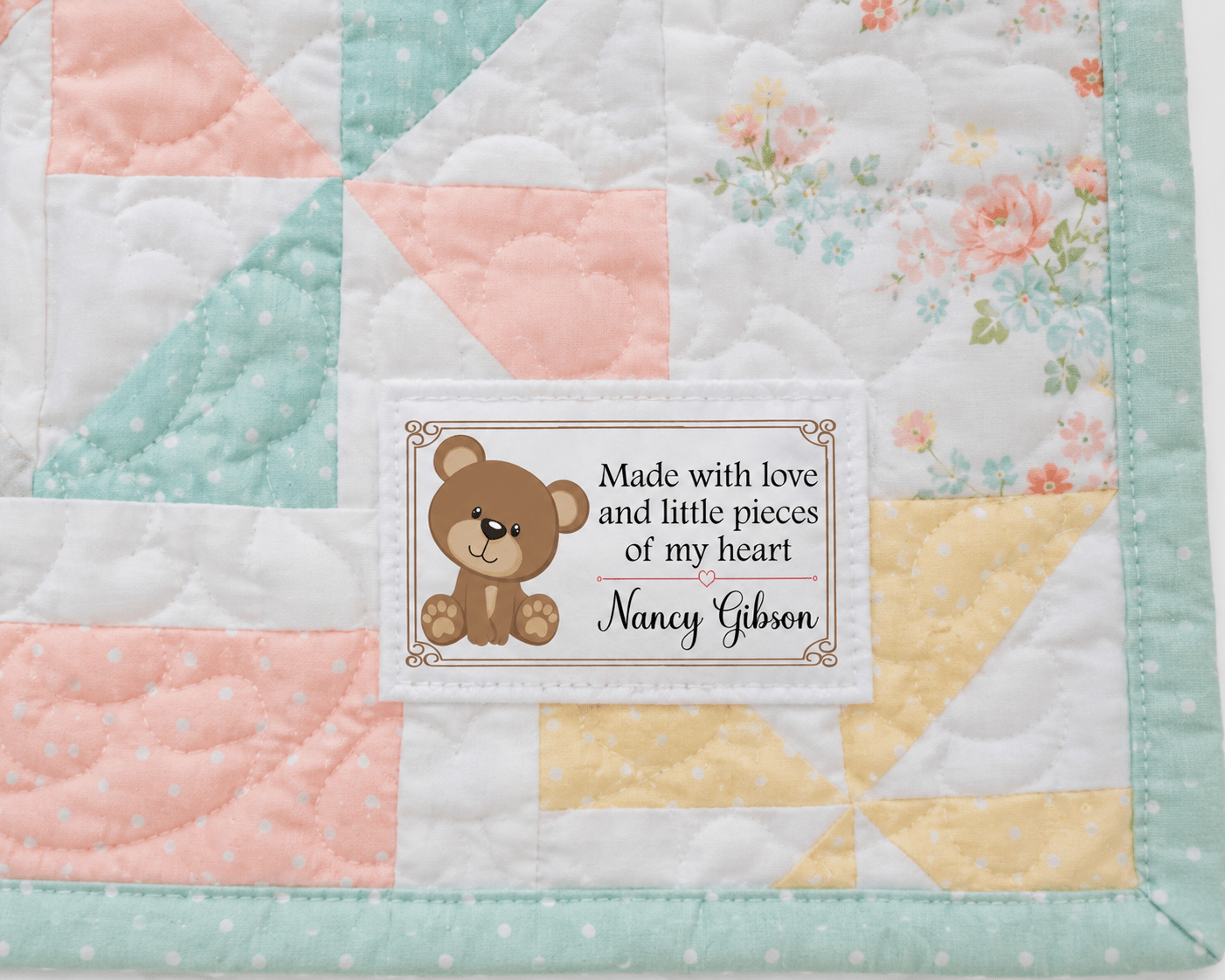 Personalized Teddy Bear Quilt Label | Made with Love and Little Pieces of My Heart Custom Quilt Label - Jammin Threads