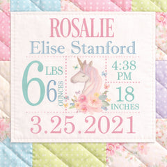 Personalized Unicorn Quilt Label – Baby Birth Announcement Label – Custom Baby Quilt Label with Name, Date & Stats – 5x5 Inch - Jammin Threads