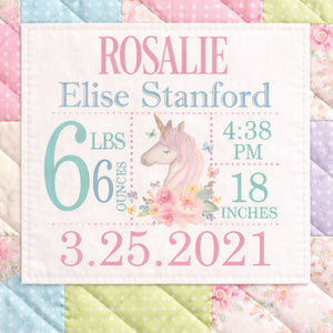 Personalized Unicorn Quilt Label – Baby Birth Announcement Label – Custom Baby Quilt Label with Name, Date & Stats – 5x5 Inch - Jammin Threads
