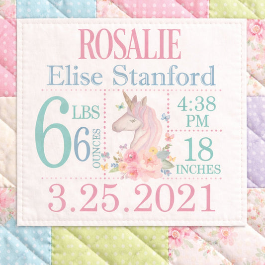 Personalized Unicorn Quilt Label – Baby Birth Announcement Label – Custom Baby Quilt Label with Name, Date & Stats – 5x5 Inch - Jammin Threads