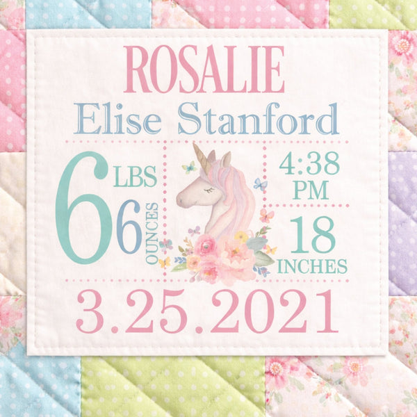 Personalized Unicorn Quilt Label – Baby Birth Announcement Label – Custom Baby Quilt Label with Name, Date & Stats – 5x5 Inch - Jammin Threads
