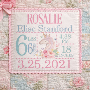 Personalized Unicorn Quilt Label – Baby Birth Announcement Label – Custom Baby Quilt Label with Name, Date & Stats – 5x5 Inch - Jammin Threads
