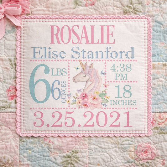 Personalized Unicorn Quilt Label – Baby Birth Announcement Label – Custom Baby Quilt Label with Name, Date & Stats – 5x5 Inch - Jammin Threads