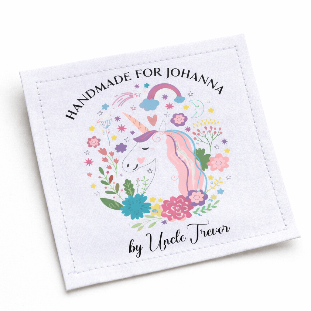 Personalized Unicorn Quilt Label – Handmade For Label – Custom Name Quilt Tag – Doodle Unicorn Design – 3 x 3.5 Inch - Jammin Threads