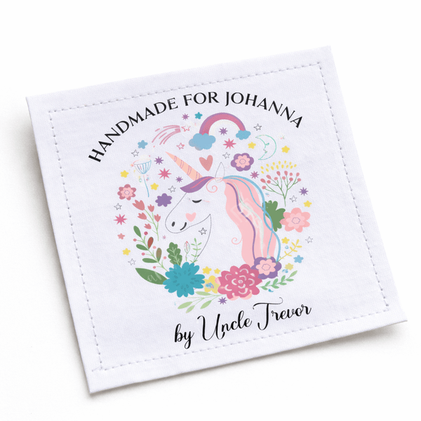 Personalized Unicorn Quilt Label – Handmade For Label – Custom Name Quilt Tag – Doodle Unicorn Design – 3 x 3.5 Inch - Jammin Threads