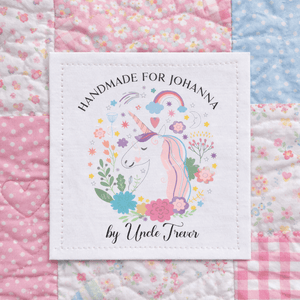 Personalized Unicorn Quilt Label – Handmade For Label – Custom Name Quilt Tag – Doodle Unicorn Design – 3 x 3.5 Inch - Jammin Threads