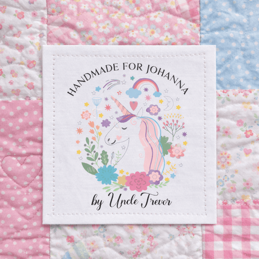 Personalized Unicorn Quilt Label – Handmade For Label – Custom Name Quilt Tag – Doodle Unicorn Design – 3 x 3.5 Inch - Jammin Threads
