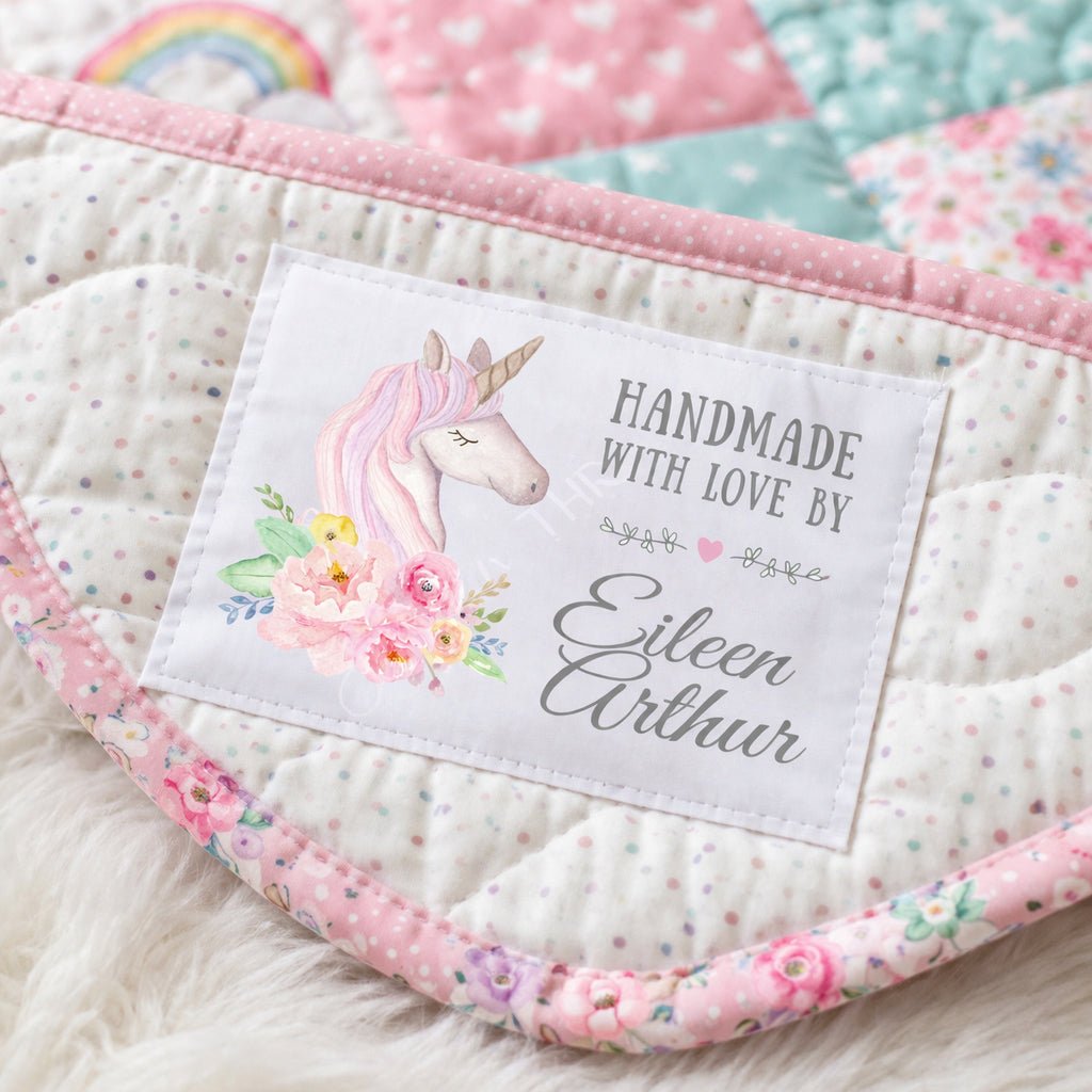 Personalized Unicorn Quilt Label – Handmade with Love Quilt Label, Custom Quilt Tag, Cute Baby Quilt Label (6 per Sheet) - Jammin Threads