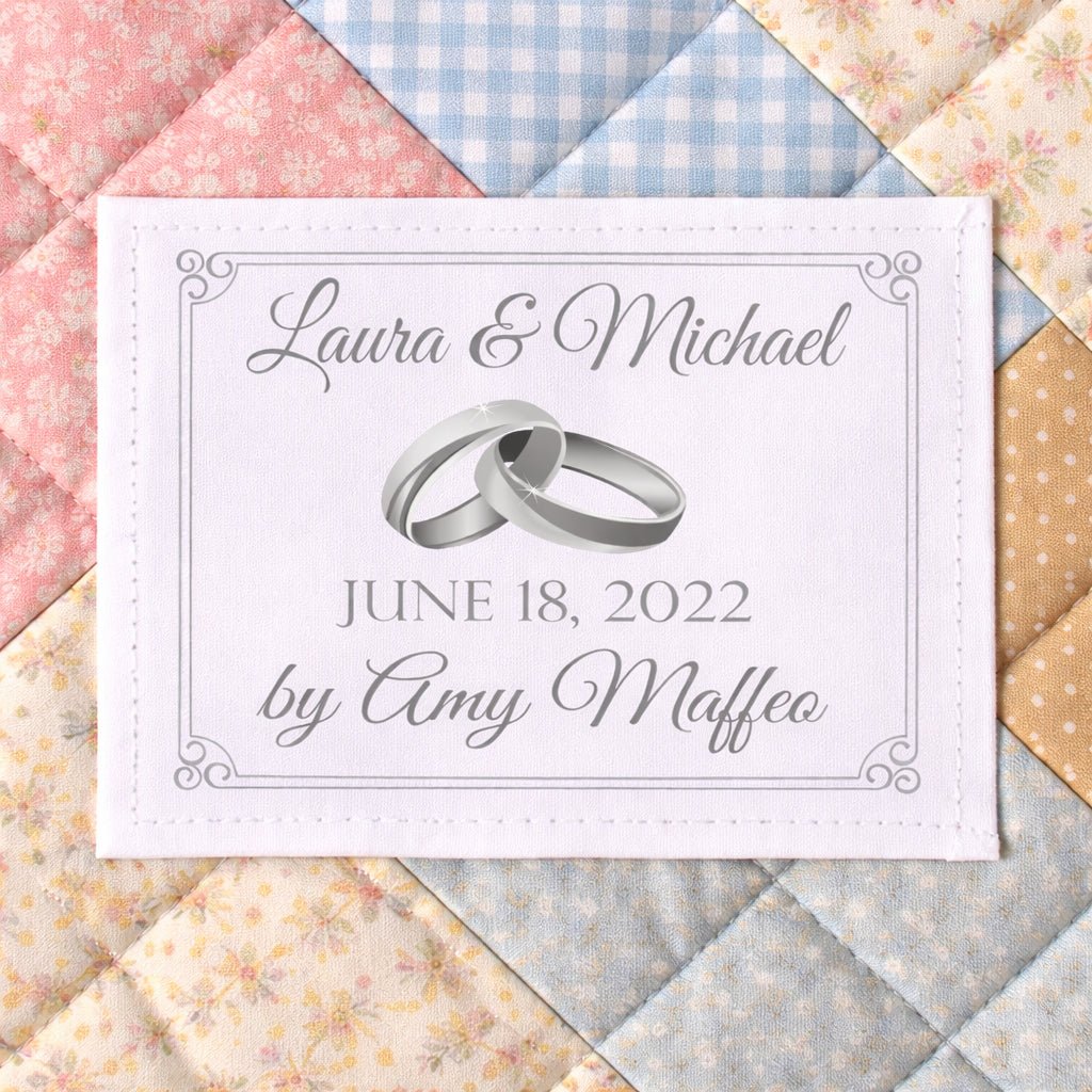 Personalized Wedding Quilt Label with Rings – Custom Names, Date & Maker Name – Wedding Quilt Tag (Cotton or Polyester) - Jammin Threads