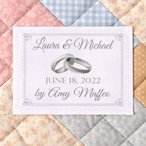 Personalized Wedding Quilt Label with Rings – Custom Names, Date & Maker Name – Wedding Quilt Tag (Cotton or Polyester) - Jammin Threads