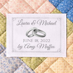 Personalized Wedding Quilt Label with Rings – Custom Names, Date & Maker Name – Wedding Quilt Tag (Cotton or Polyester) - Jammin Threads
