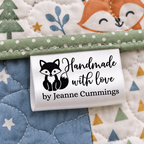Personalized Woodland Fox Satin Quilt Tag – Handmade with Love - Jammin Threads