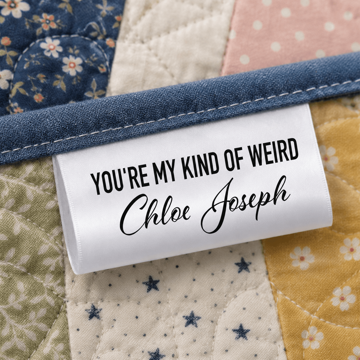 Personalized “You’re My Kind of Weird” Satin Quilt Tags – Custom Sewing Labels with Maker’s Name – 3" x 0.75" - Jammin Threads