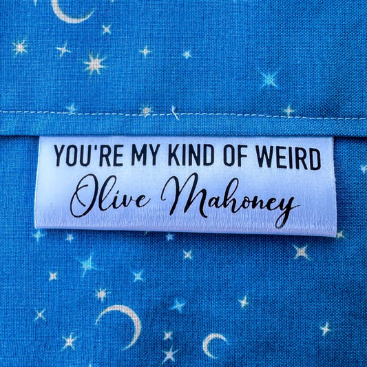 Personalized “You’re My Kind of Weird” Satin Quilt Tags – Custom Sewing Labels with Maker’s Name – 3" x 0.75" – Set of 25 – Jammin’ Threads - Jammin Threads