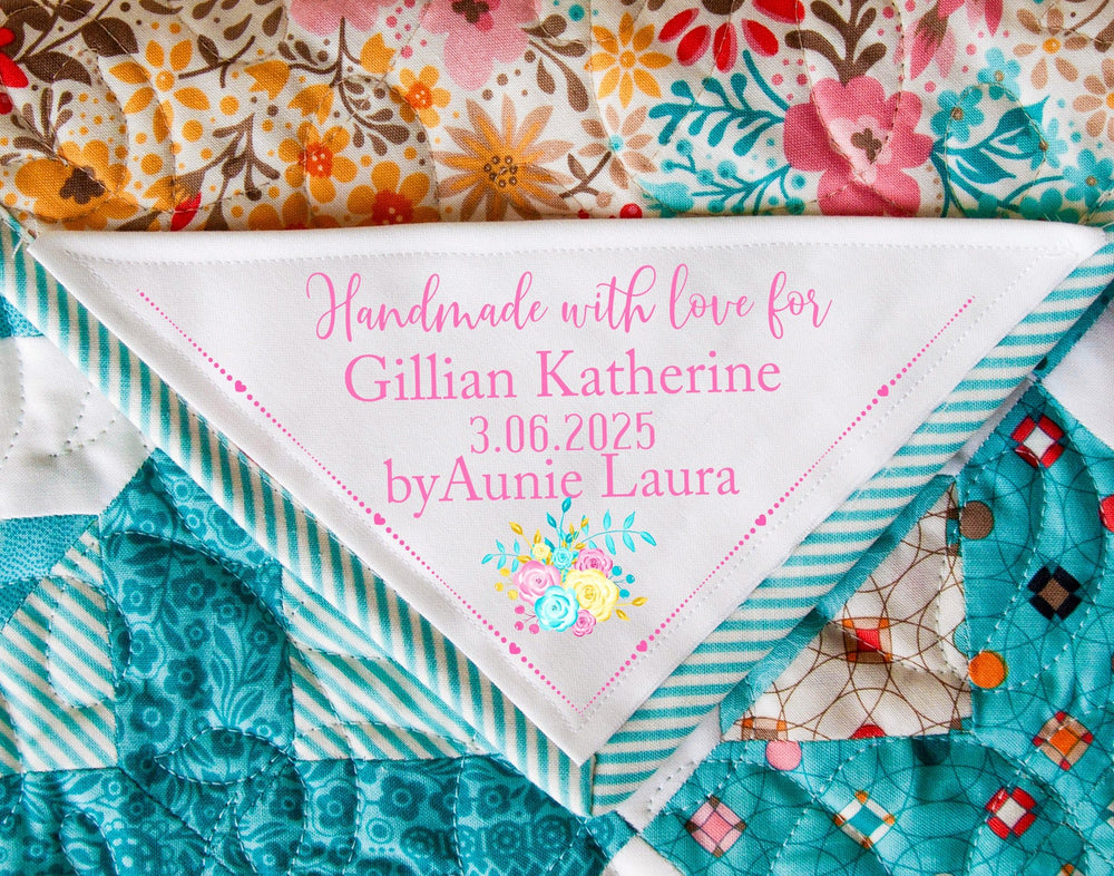Pretty Floral Corner Quilt Label Personalized with Names & Date | Cotton Quilt Label 5.5 x 5.5 - Jammin Threads