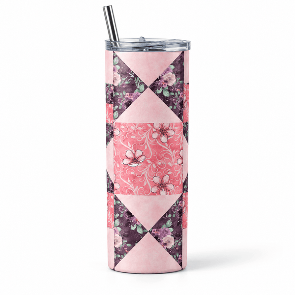 Pink Quilt Pattern 20 oz Skinny Tumbler – Insulated Stainless Steel Quilter Gift - Jammin Threads