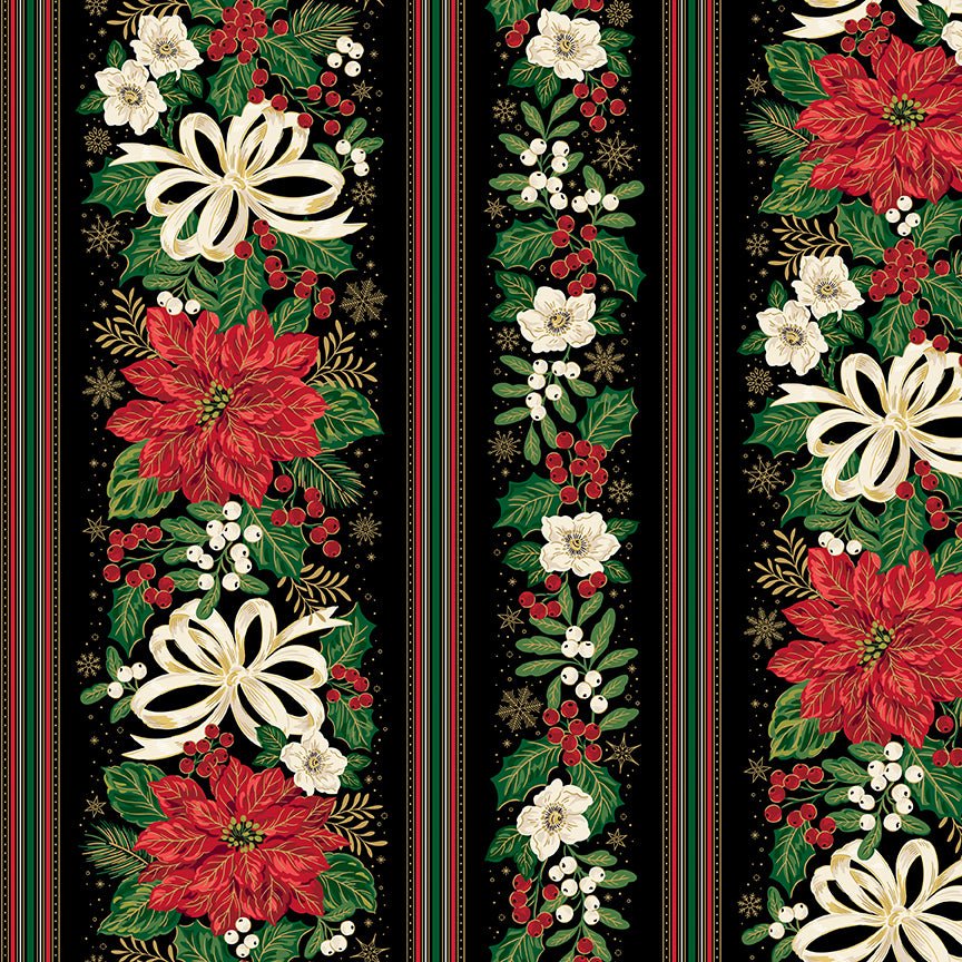 Poinsettias at Christmas Quilt Fabric Border Strip Black Foil CF17637-BLACK - Jammin Threads