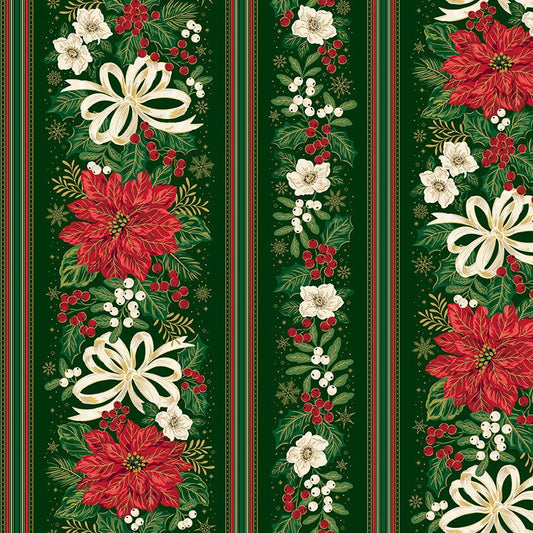 Poinsettias at Christmas Quilt Fabric Border Strip Green Foil CF17637-GREEN - Jammin Threads
