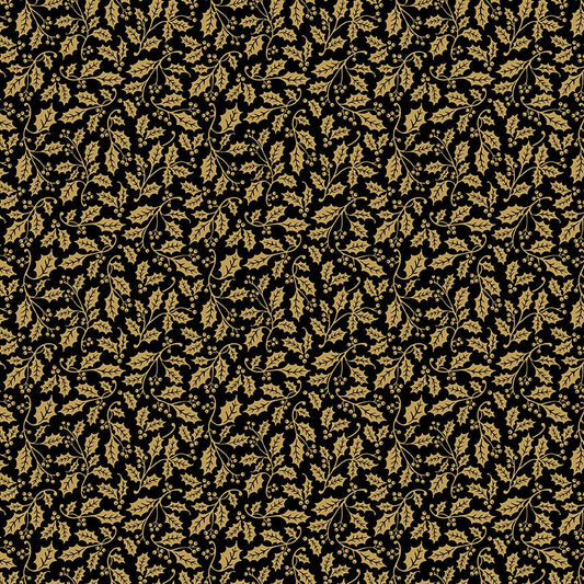 Poinsettias at Christmas Quilt Fabric Holly Black Foil CF17636-BLACK - Jammin Threads