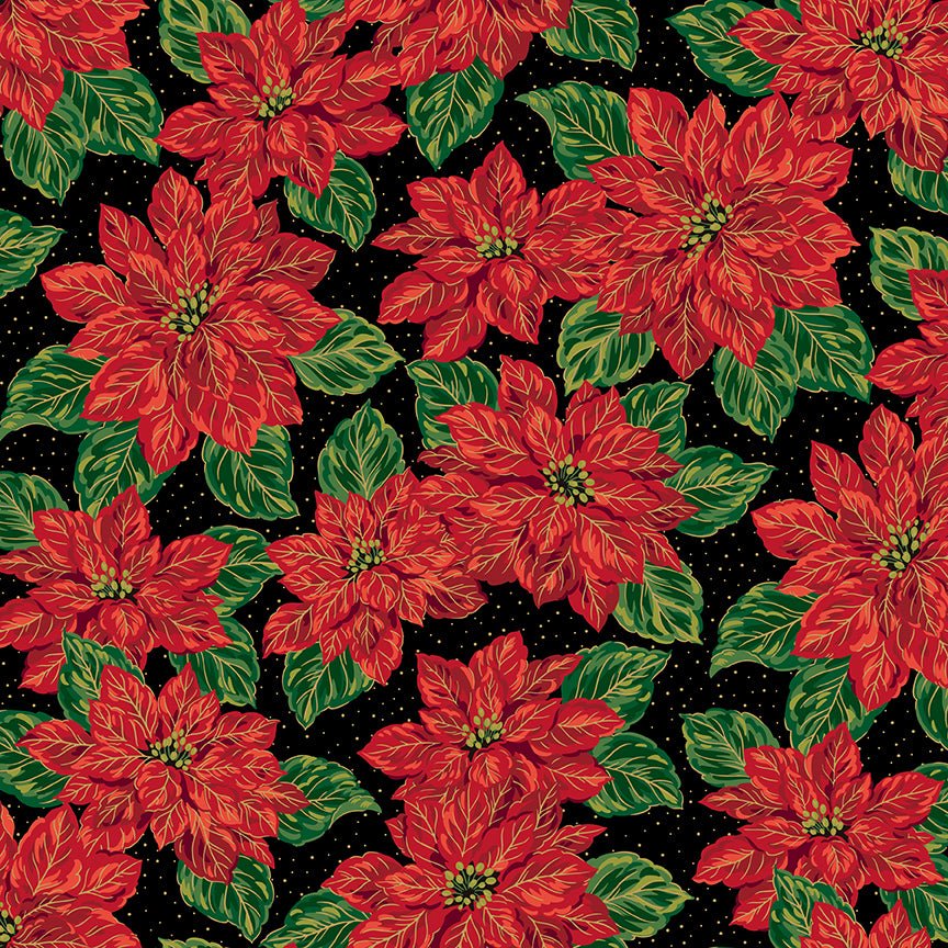 Poinsettias at Christmas Quilt Fabric Main Black Foil CF17630-BLACK - Jammin Threads