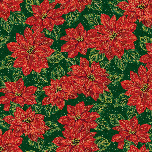 Poinsettias at Christmas Quilt Fabric Main Green Foil CF17630-GREEN - Jammin Threads