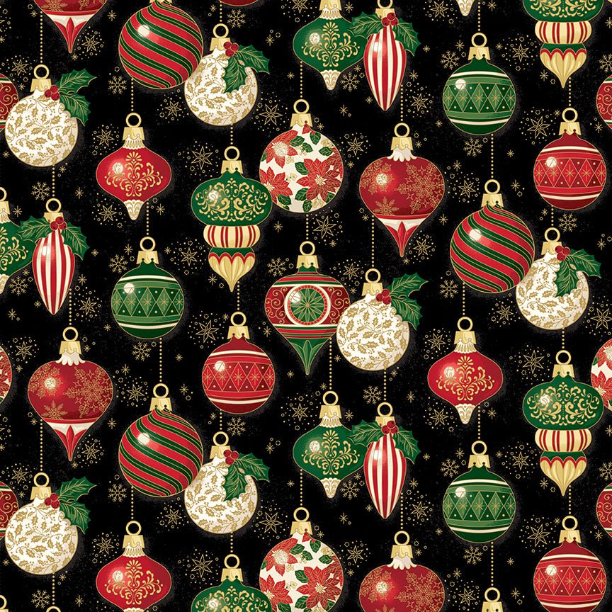 Poinsettias at Christmas Quilt Fabric Ornaments Black Foil CF17631-BLACK - Jammin Threads