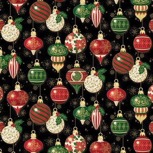 Poinsettias at Christmas Quilt Fabric Ornaments Black Foil CF17631-BLACK - Jammin Threads