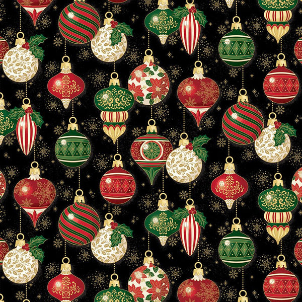 Poinsettias at Christmas Quilt Fabric Ornaments Black Foil CF17631-BLACK - Jammin Threads
