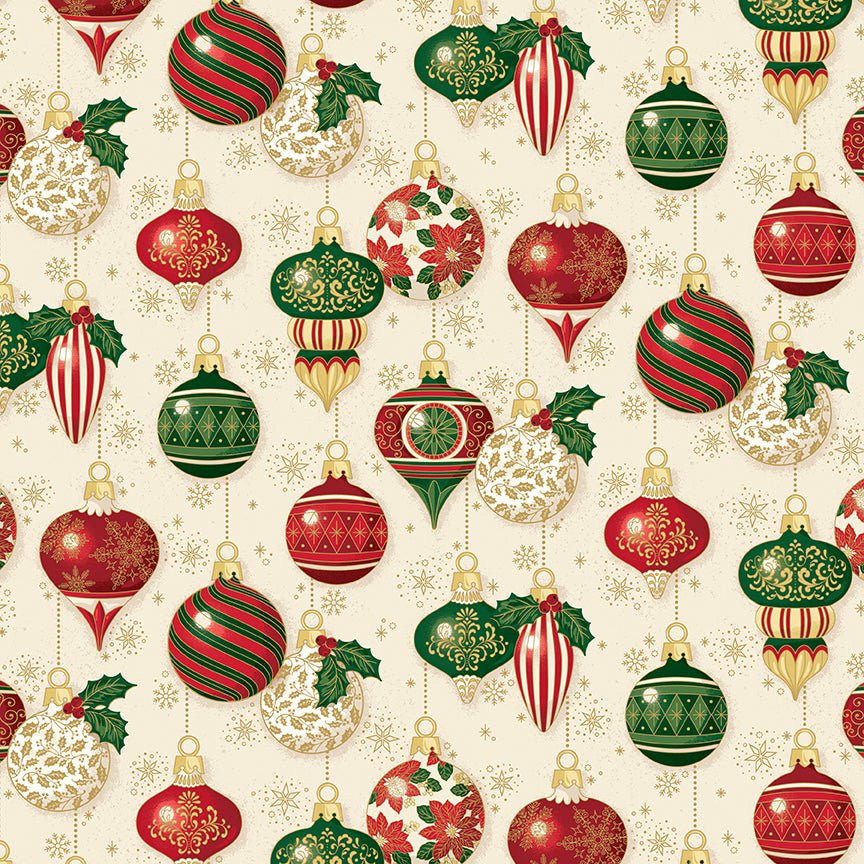 Poinsettias at Christmas Quilt Fabric Ornaments Cream Foil CF17631-CREAM - Jammin Threads