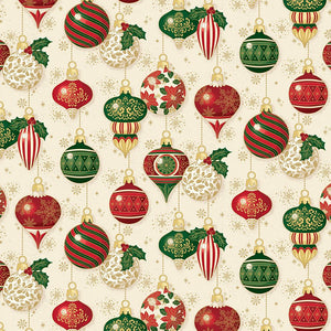 Poinsettias at Christmas Quilt Fabric Ornaments Cream Foil CF17631-CREAM - Jammin Threads