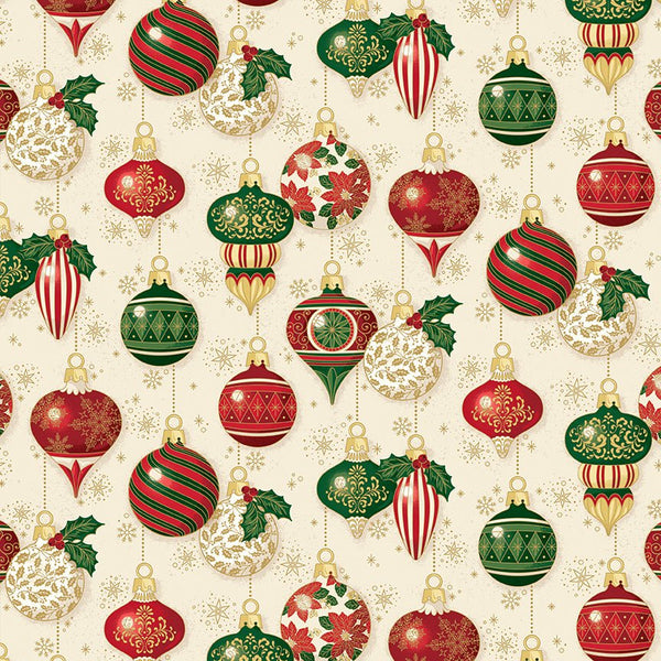 Poinsettias at Christmas Quilt Fabric Ornaments Cream Foil CF17631-CREAM - Jammin Threads