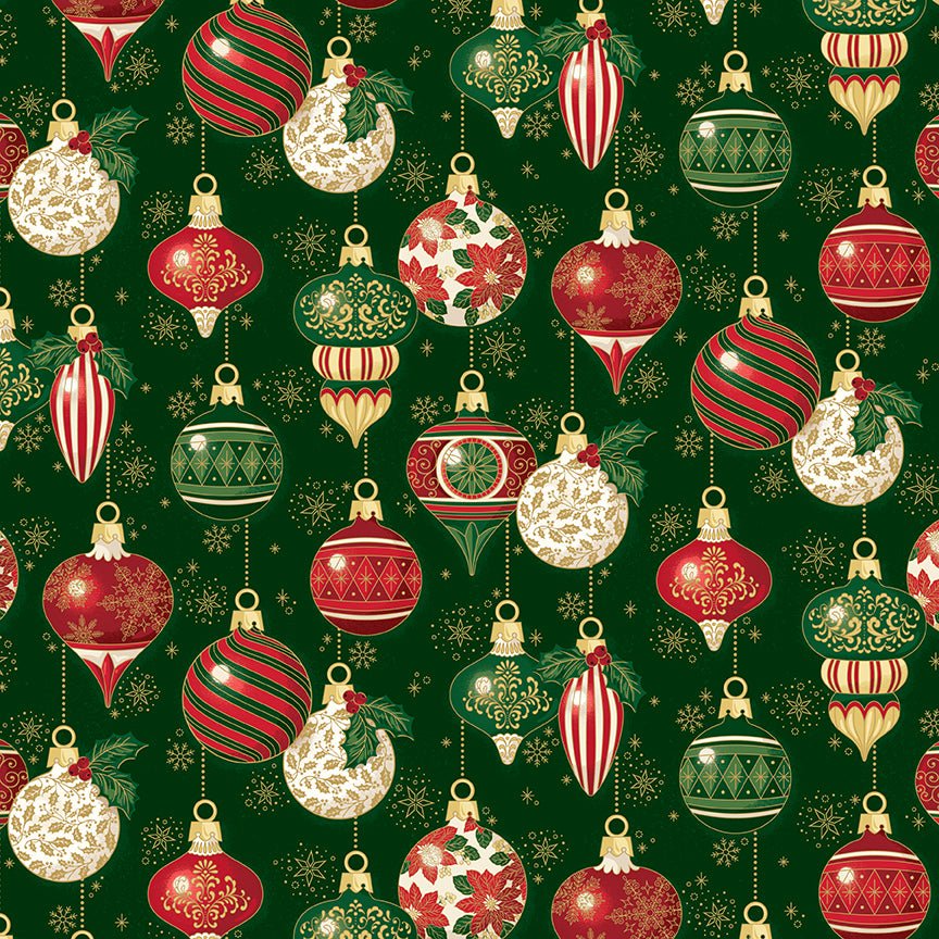Poinsettias at Christmas Quilt Fabric Ornaments Green Foil CF17631-GREEN - Jammin Threads