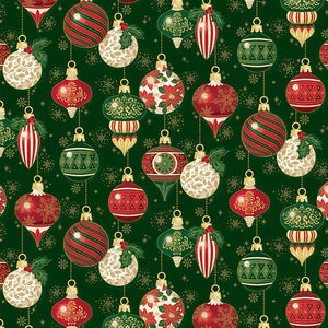 Poinsettias at Christmas Quilt Fabric Ornaments Green Foil CF17631-GREEN - Jammin Threads