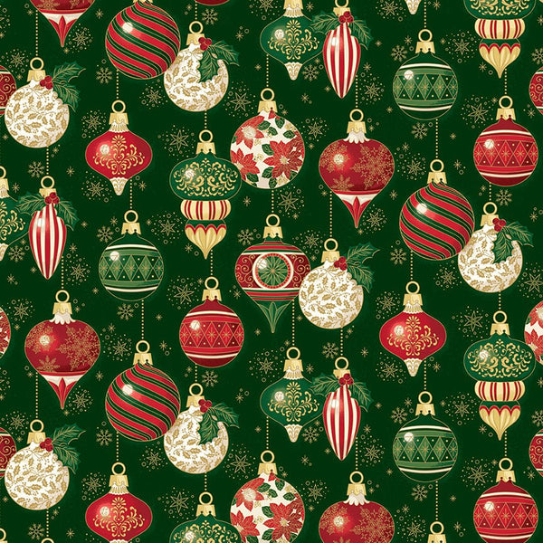 Poinsettias at Christmas Quilt Fabric Ornaments Green Foil CF17631-GREEN - Jammin Threads
