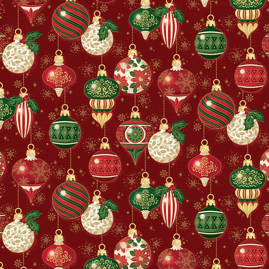 Poinsettias at Christmas Quilt Fabric Ornaments Red Foil CF17631-RED - Jammin Threads