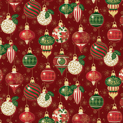 Poinsettias at Christmas Quilt Fabric Ornaments Red Foil CF17631-RED - Jammin Threads