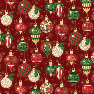 Poinsettias at Christmas Quilt Fabric Ornaments Red Foil CF17631-RED - Jammin Threads