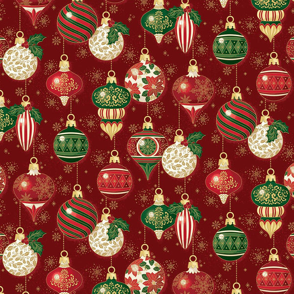 Poinsettias at Christmas Quilt Fabric Ornaments Red Foil CF17631-RED - Jammin Threads