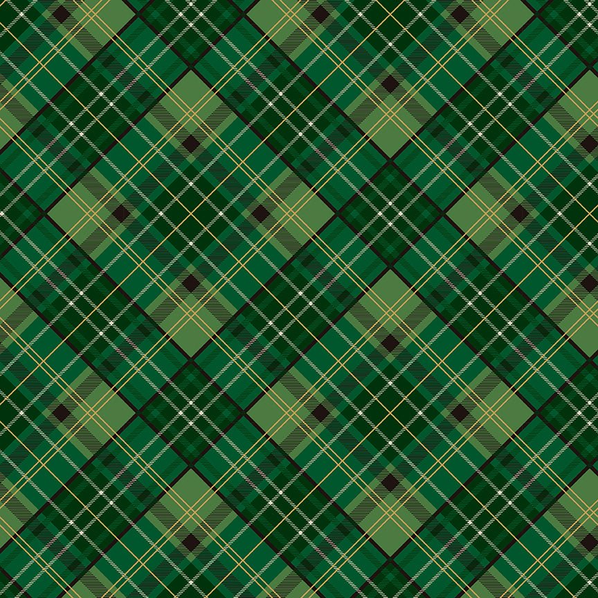 Poinsettias at Christmas Quilt Fabric Plaid Green Foil CF17633-GREEN - Jammin Threads