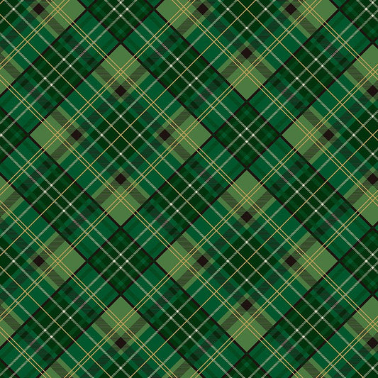 Poinsettias at Christmas Quilt Fabric Plaid Green Foil CF17633-GREEN - Jammin Threads