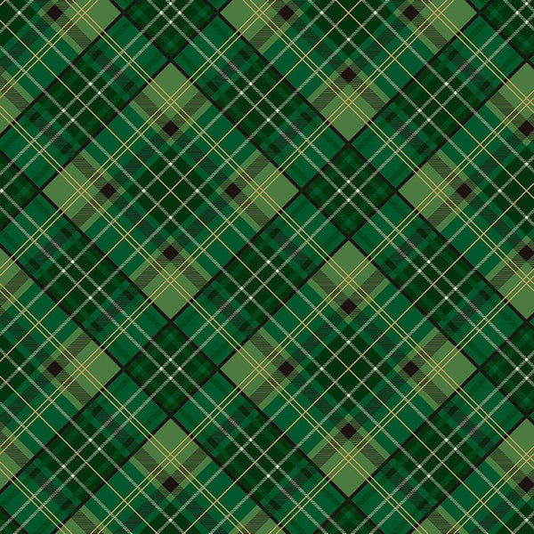 Poinsettias at Christmas Quilt Fabric Plaid Green Foil CF17633-GREEN - Jammin Threads