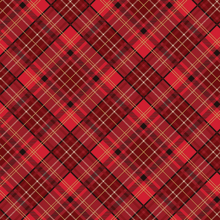 Poinsettias at Christmas Quilt Fabric Plaid Red Foil CF17633-RED - Jammin Threads