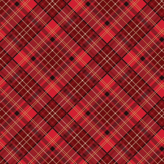 Poinsettias at Christmas Quilt Fabric Plaid Red Foil CF17633-RED - Jammin Threads