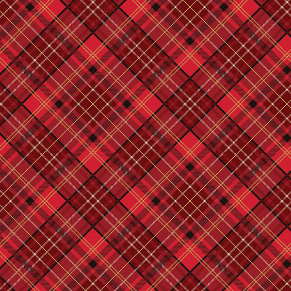 Poinsettias at Christmas Quilt Fabric Plaid Red Foil CF17633-RED - Jammin Threads
