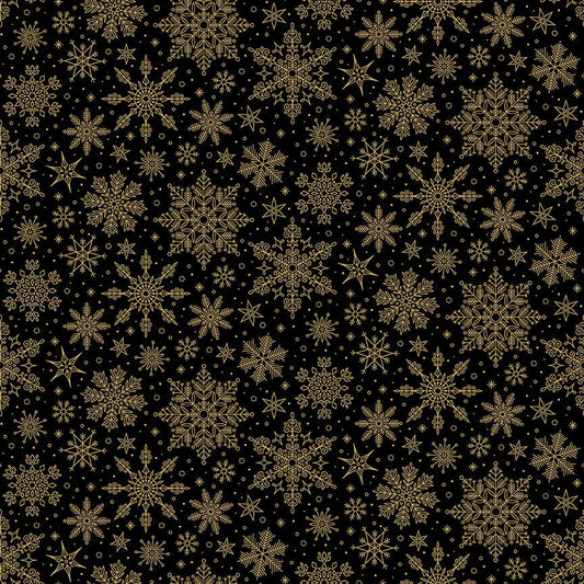 Poinsettias at Christmas Quilt Fabric Snowflakes Black Foil CF17635-BLACK - Jammin Threads