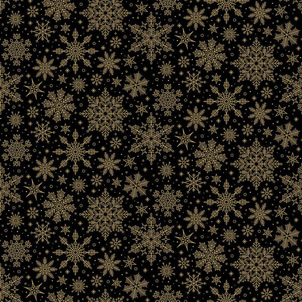 Poinsettias at Christmas Quilt Fabric Snowflakes Black Foil CF17635-BLACK - Jammin Threads