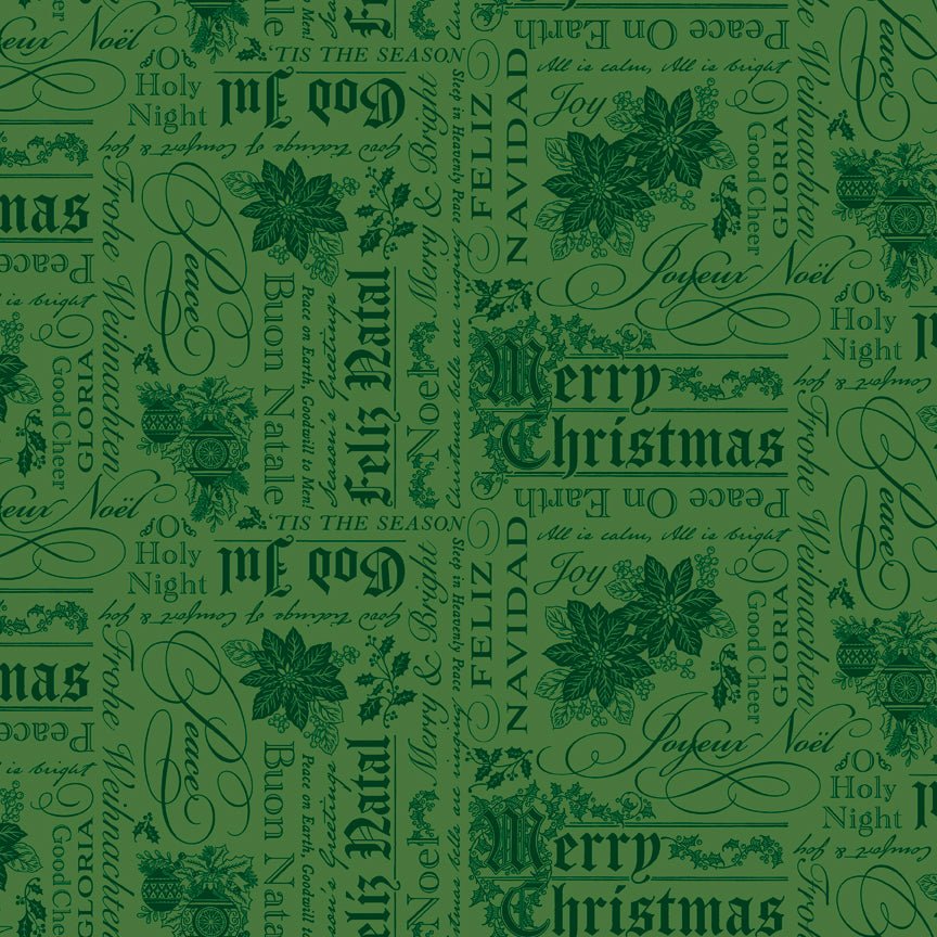 Poinsettias at Christmas Quilt Fabric Text Green C17632-GREEN - Jammin Threads